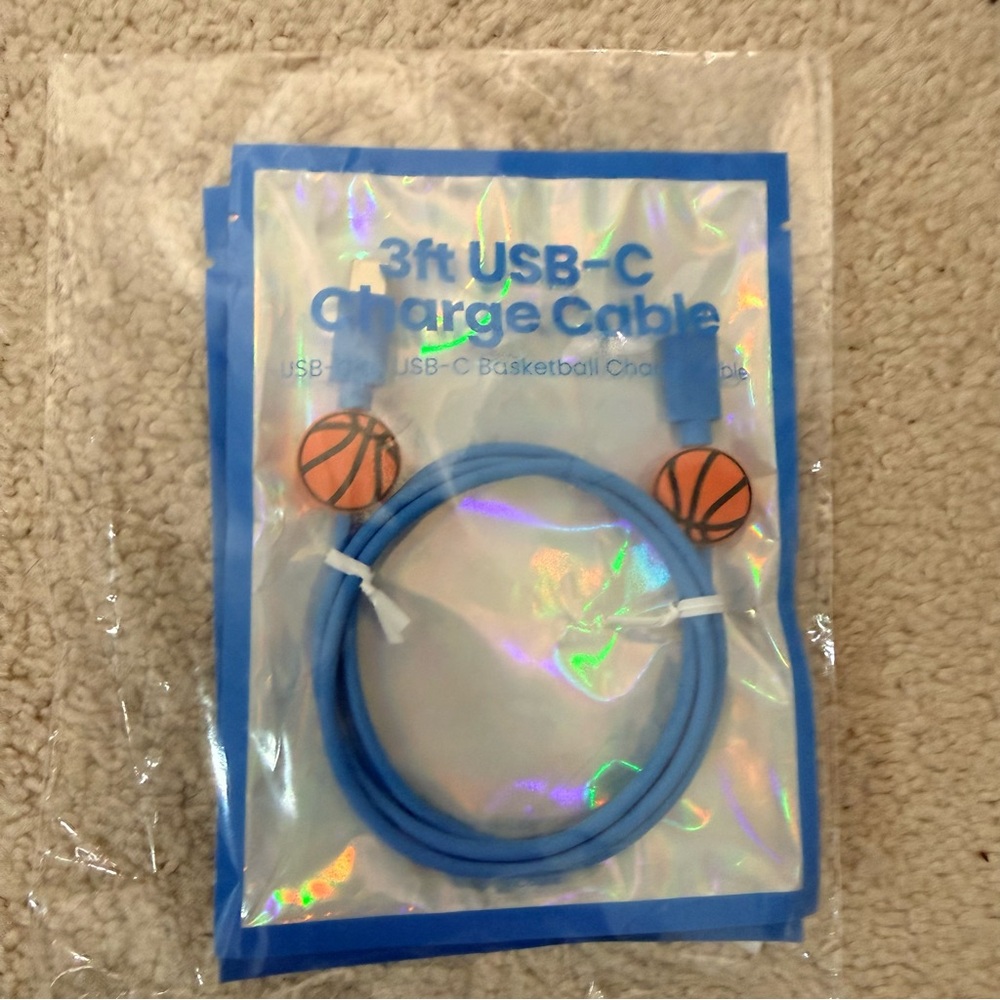 Blue USB-C Charging Cable with Basketball Design & Wired Earbuds